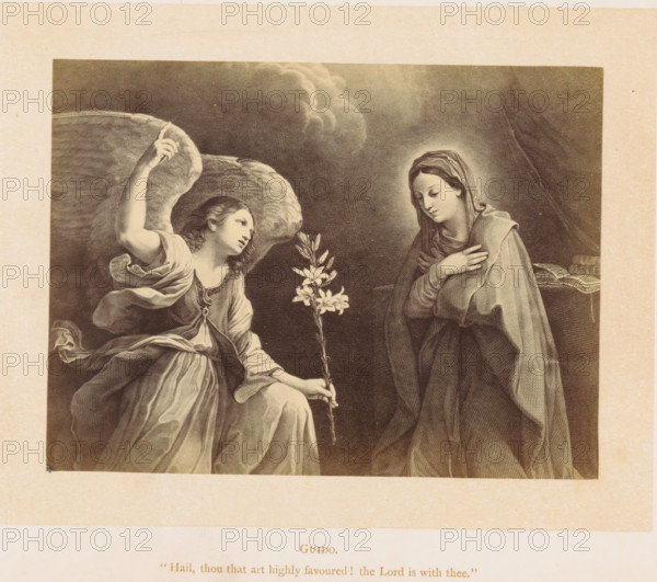 Photo reproduction of a print after a painting depicting the Annunciation, photograph, reproduction, page, inscription: ''Hail, thou that art highly favoured! the Lord is with thee!'', after painting by Guido Reni, after print by anonymous, c. 1861 - in or before 1871, photographer, after print by, paper, albumen print, albumendruk, height 95 mm x width 127 mm, the Annunciation: Mary kneeling, A sepia-toned illustration of two robed figures facing each other, one seated with large feathered wings and an outstretched arm pointing upward while holding a flowering stem, the other standing with a hooded cloak and a hand placed on the chest. The seated figure wears flowing garments with visible folds and layered fabric, and the standing figure has a soft halo effect around the head. A dark, textured background with cloud-like shading fills the space behind them, and a stack of books rests on a surface near the standing figure. The scene is bordered by a lighter paper margin.