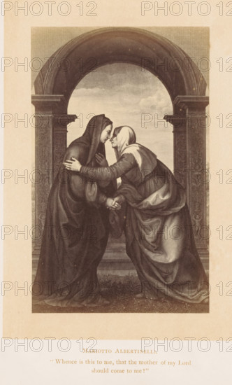 Photo reproduction of a print after a painting, depicting the Visitation, photograph, reproduction, page, inscription: ''Whence is this to me, that the mother of my Lord should come to me?'', after painting by Mariotto Albertinelli, after print by anonymous, c. 1861 - in or before 1871, photographer, after print by, paper, albumen print, height 127 mm x width 79 mm, Visitation (possibly Joseph and, or Zacharias present) (Luke 1:39-56), Two women stand facing each other beneath a large arched stone structure with decorated columns on either side; both wear long draped garments and head coverings, one darker and more enveloping and the other lighter with a shawl, and they lean in close so their foreheads nearly touch while one woman's hands rest on the other's shoulders and the other holds her hand; the background through the arch shows a cloudy sky and the ground beneath them has textured vegetation.