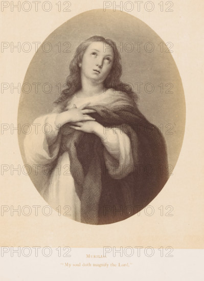 Photo reproduction of a print after a painting, depicting the Canticle of Mary, photograph, reproduction, page, inscription: ''My soul doth magnify the Lord.'', after painting by Bartolomé Esteban Murillo, after print by anonymous, c. 1861 - in or before 1871, photographer, after print by, paper, albumen print, height 127 mm x width 98 mm, Mary magnifying the Lord ('Magnificat'), An oval-framed sepia engraving of a young woman shown from the waist up, with long wavy hair falling over her shoulders and her head tilted upward; she wears a flowing garment with voluminous sleeves and a dark cloak draped across her chest, and her hands are crossed over her upper torso with fingers interlaced; the background inside the oval is textured with fine parallel lines and the outer border shows aged paper.