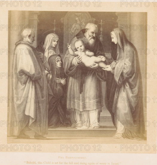 Photo reproduction of a print after a painting, depicting the presentation in the Temple, photograph, reproduction, page, inscription: ''Behold this Child is set for the fall and rising again of many in Israel.'', after painting by Bartolommeo (Fra), after print by anonymous, c. 1861 - in or before 1871, photographer, after print by, paper, albumen print, height 119 mm x width 126 mm, presentation of the Christ-child in the temple, usually Simeon (and Anna) present (Luke 2:22-39), A sepia-toned engraving shows a group of robed figures standing on steps inside an architectural interior, centered on an elderly bearded man holding a naked infant who raises one arm, while a veiled woman reaches out toward the child and other hooded and veiled figures stand nearby with folded hands and contemplative expressions, flanked by tall columns and a carved panel in the background.