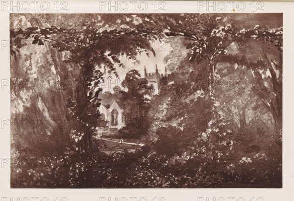 Photographic reproduction of a painting, depicting a view of a church in Stoke, reproduction, page, photomechanical print, cliché maker: Woodbury Permanent Photographic Printing Company, after painting by Catherine Leycester, Stoke, c. 1866 - in or before 1876, photographer, Cheshire (county), paper, Woodburytype, Woodburytypie, height 87 mm x width 137 mm, church (exterior), façade (of house or building), A sepia-toned landscape image showing dense foliage framing a view through trees toward structures beyond, with leafy branches forming an arch at the top and heavy shadowed vegetation along both sides; in the middle distance a small gothic-style building with pointed arched windows sits partially obscured by trees, and further back a larger tower with battlements and spires rises behind more treetops; a narrow path or bridge crosses a shaded foreground area, and mottled light and dark textures create a layered, painterly effect across the scene.