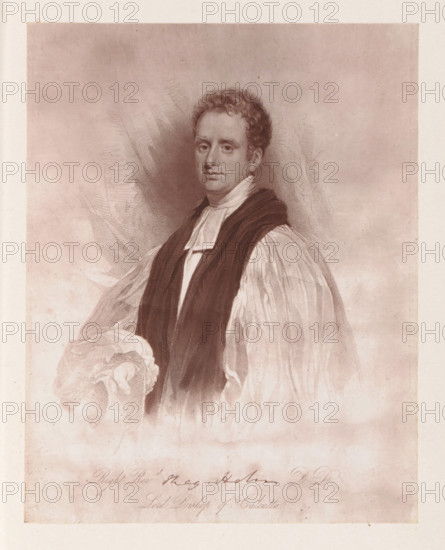 Photo reproduction of a drawing depicting a portrait of Reginald Heber, reproduction, page, photomechanical print, cliché maker: Woodbury Permanent Photographic Printing Company, after drawing by Thomas Phillips, c. 1866 - in or before 1876, photographer, paper, Woodburytype, height 117 mm x width 91 mm, Person, Reginald Heber, historical persons (portraits and scenes from the life) (half-length portrait), A sepia-toned portrait of a man shown from the waist up wearing clerical robes with a dark stole draped over a light, pleated garment; he has short curly hair, a calm facial expression with his gaze directed slightly outward, and one hand extending forward holding a folded cloth or sleeve; the background is softly shaded with subtle textured strokes and the image sits within a pale border.