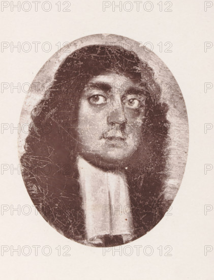 Photo reproduction of a painting depicting a portrait of Francis Hare, reproduction, page, photomechanical print, cliché maker: Woodbury Permanent Photographic Printing Company, after painting by anonymous, c. 1866 - in or before 1876, photographer, paper, Woodburytype, height 93 mm x width 74 mm, Person, Hare Francis, historical persons (portraits and scenes from the life) (head (and shoulders) (portrait)), An oval sepia-toned portrait of a person with long wavy dark hair framing the face, wide eyes looking slightly upward, a straight nose, and closed lips, the subject wearing a light-colored high collar or cravat; the image surface shows visible craquelure and small scratches, and the portrait is set against a plain light background.