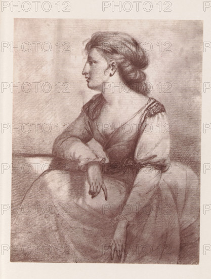 Photo reproduction of a drawing depicting a portrait of Georgiana Shipley, reproduction, page, photomechanical print, cliché maker: Woodbury Permanent Photographic Printing Company, after drawing by John Flaxman (II), c. 1866 - in or before 1876, photographer, paper, Woodburytype, Woodburytypepie, height 120 mm x width 91 mm, Person, Georgiana Shipley, historical persons - BB - woman, A monochrome drawing of a seated woman shown in profile facing left, with hair swept back into a low bun and soft waves framing her face, wearing a dress with a low neckline and short gathered sleeves, one arm resting on a surface with the hand relaxed and fingers pointing downward while the other arm crosses her lap, rendered with tonal shading and fine hatching on a textured background.