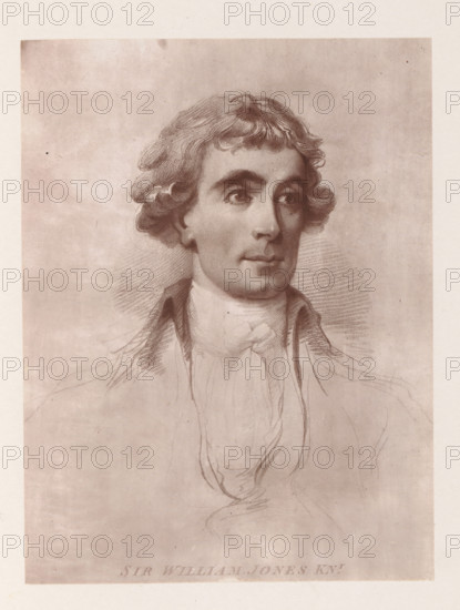 Photo reproduction of a drawing depicting a portrait of William Jones, reproduction, page, photomechanical print, cliché maker: Woodbury Permanent Photographic Printing Company, after drawing by Arthur William Devis, c. 1866 - in or before 1876, photographer, paper, Woodburytype, height 120 mm x width 90 mm, Person, William Jones, scholar, philosopher, historical persons (portraits and scenes from the life) (head (and shoulders) (portrait)), A sepia-toned portrait drawing of a man shown from the chest up, facing slightly to the right, with wavy hair framing his face and curls near his ears, expressive eyes looking right, a straight nose, and closed lips. He wears layered clothing including a high collar and a loosely tied neck cloth, and faint sketch lines indicate the shoulders and upper torso. The background is plain with subtle shading and the image is bordered by a lighter margin.