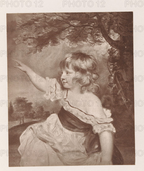 Photo reproduction of a painting depicting a portrait of Francis George Hare, reproduction, page, photomechanical print, cliché maker: Woodbury Permanent Photographic Printing Company, after painting by Joshua Reynolds, c. 1866 - in or before 1876, photographer, paper, Woodburytype, Woodburytypie, height 103 mm x width 85 mm, Person, Francis George Hare, child, A sepia-toned image of a young child sitting under a tree, with curly hair and a ruffled off-shoulder garment, the child's left arm raised and pointing outward, foliage and a tree trunk visible behind, and soft shading suggesting a landscape in the background.