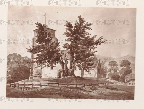 Photo reproduction of a painting depicting a view of All Saints Church at Alton Priors, reproduction, page, photomechanical print, cliché maker: Woodbury Permanent Photographic Printing Company, after painting by Miss Clinton, Alton (Wiltshire), c. 1866 - in or before 1876, photographer, Wiltshire, paper, Woodburytype, height 83 mm x width 117 mm, church (exterior), facade (of house or building), A sepia-toned landscape depicting a stone church partially obscured by large leafy trees in the foreground, a square tower with a small weather vane rises above the roofline, arched windows and doorways are visible on the church walls, a low fence runs along the front of a gently sloping grassy area, clusters of trees and rolling hills appear in the background, and the sky shows a soft, mottled texture.