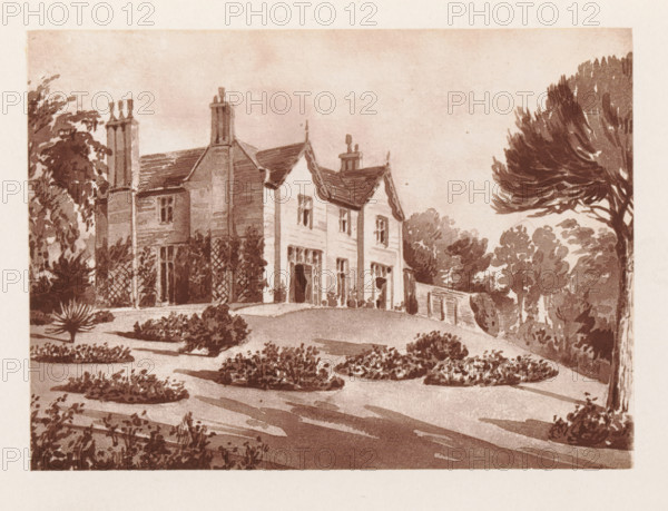 Photo reproduction of a painting depicting a view of Lime House, reproduction, page, photomechanical print, cliché maker: Woodbury Permanent Photographic Printing Company, after painting by Augustus Hare, c. 1866 - in or before 1876, photographer, paper, Woodburytype, height 84 mm x width 116 mm, rural housing, eg country-house, villa, cottage, façade (or house or building), A sepia-toned illustration of a large house set on a gently sloping lawn, showing two connected building sections with pitched roofs, chimneys, and tall windows. The left section appears taller and more solid with a rectangular chimney stack and trellis-covered lower windows, while the right section has decorative gable trim and multiple vertical windows and doorways opening onto the lawn. The foreground features shaped garden beds and low shrubs arranged across the slope, with shading suggesting pathways or lawn patterns. Trees and dense foliage frame both sides of the scene, including a large tree with a sweeping...