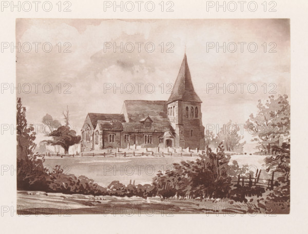 Photo reproduction of a painting depicting a view of All Saints Church at Herstmonceux, reproduction, page, photomechanical print, cliché maker: Woodbury Permanent Photographic Printing Company, after painting by anonymous, Herstmonceux, c. 1866 - in or before 1876, photographer, East Sussex, paper, Woodburytype, Woodburytypepie, height 83 mm x width 115 mm, church (exterior), facade (of house or building), A sepia-toned illustration of a church with a tall pointed steeple and adjoining lower roofed sections, surrounded by trees and shrubbery, with a low fence and gravestones in the foreground and a cloudy sky above.