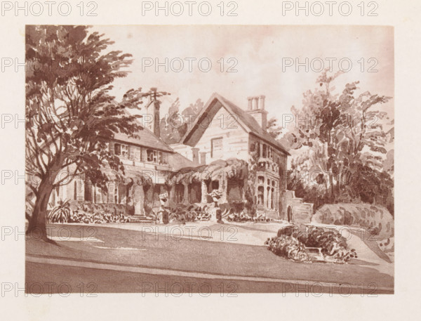 Photo reproduction of a drawing depicting a view of the facade of Holmhurst House, reproduction, page, photomechanical print, cliché maker: Woodbury Permanent Photographic Printing Company, after drawing by Augustus Hare, c. 1866 - in or before 1876, photographer, paper, Woodburytype, height 85 mm x width 117 mm, rural housing, eg country-house, villa, cottage, façade (or house or building), A sepia-toned illustration of a large house with a steep gabled roof and a prominent chimney, flanked by tall leafy trees and surrounded by dense shrubbery, showing a covered porch with columns and decorative railings, shuttered windows on the upper level, a rounded bay window on one side, a pathway leading up to the entrance bordered by manicured hedges, and a foreground with a paved road and trimmed bushes.