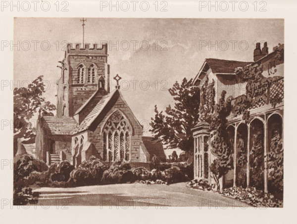 Photo reproduction of a painting depicting a view of the parsonage and Saint Mary's Church at Nether Alderley, reproduction, page, photomechanical print, cliché maker: Woodbury Permanent Photographic Printing Company, after painting by Augustus Hare, Nether Alderley, c. 1866 - in or before 1876, Woodbury Permanent Photographic Printing Company, Augustus Hare, photographer, cliché maker, after painting by, Cheshire (county), paper, Woodburytype, Woodburytypepie, height 83 mm x width 121 mm, church (exterior), facade (of house or building), Saint Mary's Church (Nether Alderley), A sepia-toned illustration of a church with a tower topped by battlements and a tall thin spire beside a pitched roof and ornate arched window, surrounded by trees and shrubbery, with a porch or colonnaded building to the right partially covered in climbing plants and a foreground path or open area.