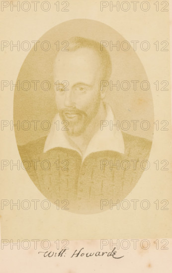 Will: Howard, Photo reproduction of a portrait of William Howard, photograph, reproduction, page, after drawing by anonymous, c. 1862 - in or before 1872, photographer, paper, albumen print, albumendruk, height 133 mm x width 95 mm, Person, William Howard, drawing, sketch, A faded oval portrait of a light-skinned man with short hair and a trimmed beard and mustache, shown from the chest up and wearing a collared garment with a patterned vest; the portrait is centered on a pale, aged paper background with faint spotting and discoloration.