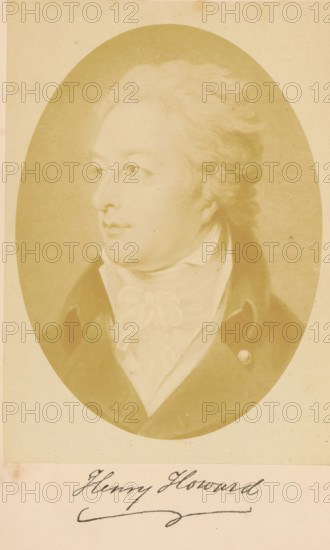 Photo reproduction of a portrait of Henry Howard, Henry Howard, photograph, reproduction, page, after print by Charles Turner (possibly), c. 1862 - in or before 1872, Charles Turner, photographer, after print by, paper, albumen print, albumendruk, height 133 mm x width 95 mm, Person, portrait of a writer, print, eg: engraving, etching, lithograph, An oval sepia-toned portrait of a left-facing man with light wavy hair, wearing a high-collared shirt and a tied cravat beneath a dark coat with visible lapels and a round button, set against a plain background on a rectangular sheet.