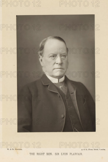 The right Hon. Sir Lyon Playfair, Portrait of Lyon Playfair, page, photomechanical print, inscription: '57 & 61, Elbury Street, London.', photographer: Downey, William & Daniel, London, cliché maker: anonymous, c. 1882 - in or before 1892, paper, Woodburytype, height 140 mm x width 93 mm, Person, Lyon Playfair, politician, eg party leader, A black and white portrait of an older man shown from the chest up, wearing round eyeglasses and a dark three-piece suit with a high white collar and a patterned tie, his hair combed back and short sideburns visible, set against a plain darker background and mounted on a light-colored mat.