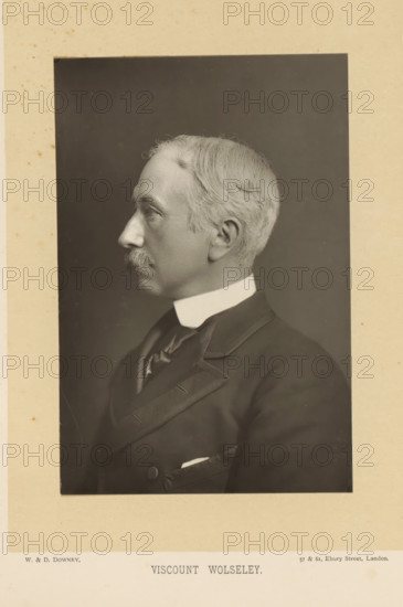 Viscount Wolseley, Portrait of Garnet Wolseley, page, photomechanical print, inscription: '57 & 61, Elbury Street, London.', photographer: Downey, William & Daniel, London, cliché maker: anonymous, c. 1882 - in or before 1892, paper, Woodburytype, height 140 mm x width 93 mm, Person, Garnet Wolseley, officer, A sepia-toned portrait of an older man shown in profile facing left, with light-colored hair combed back and a moustache, wearing a dark formal jacket with a high white collar and a necktie, set against a plain dark background and mounted on a light-colored border.