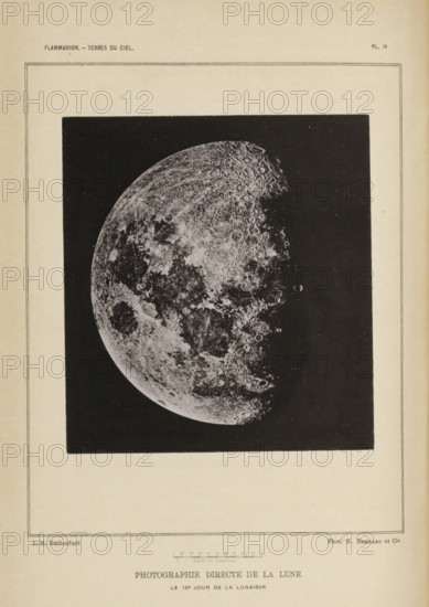 Photographie direct de la lune. Le 10e jour de la lunaison, View of the Moon, page, photomechanical print, number: 'PL. IV', photographer: Lewis Morris Rutherfurd, cliché maker: Bernard & Cie, c. 1874 - in or before 1884, paper, collotype, photoprint, height 131 mm x width 120 mm, waning moon, ie facing this way (, Moon, A rectangular page with a centered dark rectangular photograph depicting a crescent moon showing surface textures and cratered areas against a black background, surrounded by a wide light-colored margin with faint double-line borders near the page edges.