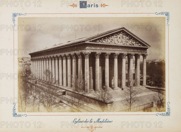 Interior of the Dôme des Invalides in Paris, with a view of the tomb of Napoleon Bonaparte, Tombeau de Napoléon 1er (Hôtel des Invalides), photograph, page, number: '36', Dôme des Invalides, c. 1879 - c. 1889, photographer, Paris, paper, albumen print, height 188 mm x width 120 mm, interior of church, grave-building, monumental tomb, A sepia-toned photograph shows a large neoclassical building with a wide flight of stone steps leading to a colonnaded portico; the façade features tall fluted columns with ornate capitals supporting an entablature and a triangular pediment adorned with sculpted figures. Leafless trees and bare branches are visible in the foreground along a paved promenade and fenced edge, while buildings and rooftops appear in the background on either side. The image is bordered by a decorative frame with corner flourishes and ornamental motifs at the top and bottom.