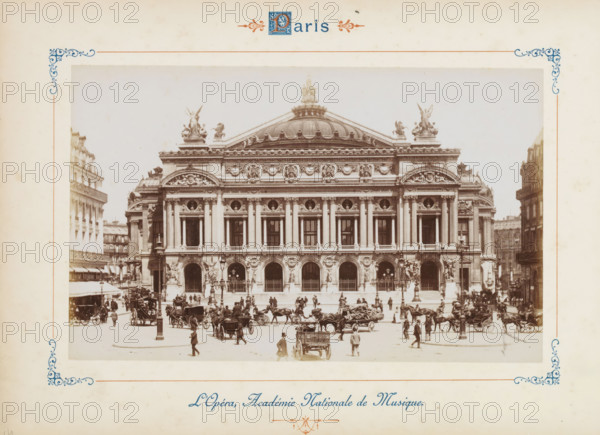 L'Opéra, Académie Nationale de Musique, Facade of the Opéra Garnier in Paris, photograph, page, number: '73', Paris, c. 1879 - c. 1889, photographer, paper, albumen print, albumendruk, height 120 mm x width 188 mm, four-wheeled, animal-drawn vehicle, eg: cab, carriage, coach, façade (of house or building), opera house, Opéra de Paris, A wide sepia photograph of a grand neoclassical building with a domed roof and ornate sculptures along the cornice, framed by decorative corner motifs on a cream page; the building facade features tall columns, arched openings at ground level, and sculptural reliefs above the windows, while a busy street scene in front shows many horse-drawn carriages, horses, and people walking or standing, some in hats and coats, with lampposts and steps leading up to the building.