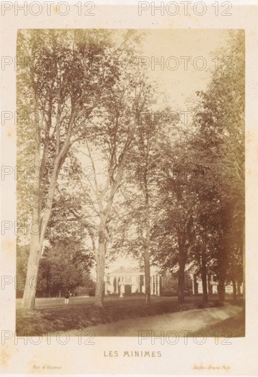 Les Minimes, Avenue in the Bois de Vincennes, Bois de Vincennes, photograph, page, photographer: Ildefonse Rousset, c. 1861 - in or before 1866, Paris, paper, albumen print, height 175 mm x width 131 mm, forest path or lane, public gardens, park, A sepia-toned photograph showing tall trees with slender trunks and dense foliage framing a two-story building with a columned porch partially visible through the gaps; a grassy area and a dirt path run in the foreground beneath the trees, and a solitary figure stands near the base of one tree.