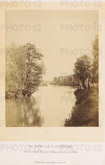 The Joinville a Champigny vue du Grand Parc de St. Maur prize de l'ile Piver, View of the Marne near Champigny-sur-Marne, photograph, page, photographer: Ildefonse Rousset, Île-de-France, c. 1860 - in or before 1865, Ildefonse Rousset, photographer, paper, albumen print, height 173 mm x width 138 mm, river, Marne (river), A sepia-toned photograph showing a tranquil river flanked by trees on both banks, with dense foliage on the left extending over the water and a grassy, tree-lined shore on the right; the water surface is smooth and reflective, mirroring the trees and sky, and the distant shoreline with more trees fades into the haze toward the center of the image.