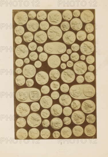 Antique medals, photograph, page, number: '2', name: 'A. Cadart 3. Rue St. Fiacre Paris Editeur', Rome, c. 1849 - in or before 1859, photographer, paper, albumen print, height 199 mm x width 126 mm, medal (considered as a piece of sculpture, regardless of its specific function), A tall rectangular panel filled with many circular and oval medallions set against a dark background, each medallion containing a raised profile or bust of a face in various orientations and styles, mostly shown in light beige relief against the darker panel, arranged in tight rows with small gaps between them, the panel centered on a larger light-colored page with a faint circular embossed mark near the lower edge.