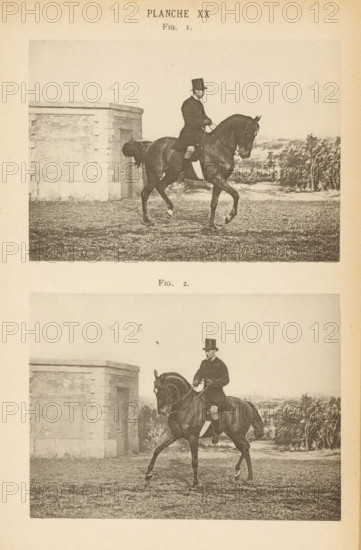 Two men on horses, page, photomechanical print, number: 'Planche XX Fig. 1. Fig. 2.', maker: Jean Delton, c. 1882 - in or before 1892, paper, collotype, photoprint, height 242 mm x width 159 mm, Prints opposite page 170., riding a horse, ass, or mule, rider, horseman, head-gear: top hat, A sepia-toned image showing two nearly identical framed photographs stacked vertically on an aged page, each depicting a man in formal riding attire with a top hat seated on a dark horse captured mid-stride on a grassy area; a stone building with a rectangular opening appears at the left edge of each photograph while foliage and distant landscape appear on the right, and the surrounding paper shows slight discoloration and margins.