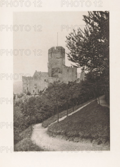 Exterior of Lahneck Castle in Lahnstein, page, photomechanical print, title: 'The Castle of Lahneck.', Lahnstein, c. 1889 - in or before 1899, Rhineland-Palatinate, paper, photoaquatint, height 128 mm x width 88 mm, castle, façade (or house or building), Burg Lahneck, A grayscale photograph of a medieval stone castle with a prominent round tower topped by a narrow vertical pole, the castle showing battlements and rectangular windows; a tree-lined dirt path curves up a sloped grassy hillside in the foreground, young trees with slender trunks along the path and denser foliage at the top right partially obscuring part of the castle, with shrubbery and textured stone walls visible around the castle base and distant hills faintly visible behind the structure.
