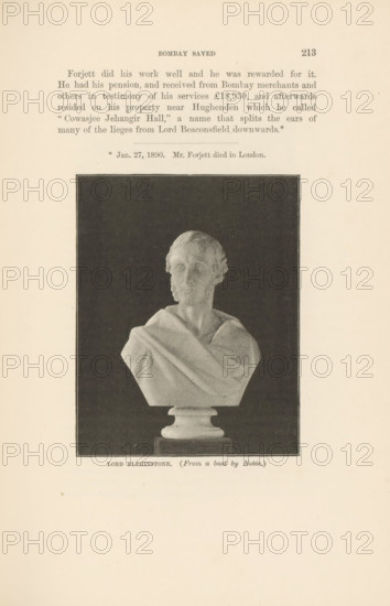 Bust of Lord Elphinstone, page, photomechanical print, caption: 'LORD ELPHINSTONE. (From a bust by Noble.)', cliché maker: Joseph Rose Lemercier, Paris, c. 1883 - in or before 1893, photographer, paper, autotypie, height 108 mm x width 83 mm, Person, John Elphinstone, chest, bust, A printed page showing a rectangular dark-framed photograph of a classical white marble bust on a pedestal against a dark background, the bust depicting a male figure with short wavy hair and a draped garment across the shoulders, above the photograph a block of typed text and a centered heading, and below the photograph a short printed caption.