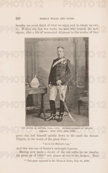Portrait of Sir Frank H. Souter, page, photomechanical print, caption: 'SIR FRANK H. SOUTER, CSI, CIE SUPERINTENDENT OF POLICE, BOMBAY. BORN 1831, DIED 1888.', Mumbai, cliché maker: Joseph Rose Lemercier, Paris, c. 1878 - in or before 1888, photographer, Maharashtra, paper, autotypie, height 103 mm x width 74 mm, Person, Frank Souter, policeman, constable, A sepia-toned printed page shows a framed photographic portrait of a uniformed man standing beside a small ornate table with a ceremonial helmet on it; the man wears a dark decorated coat with a sash, light trousers tucked into tall boots, and holds a sword that rests on the floor, with a plain backdrop behind him and printed text above and below the portrait.