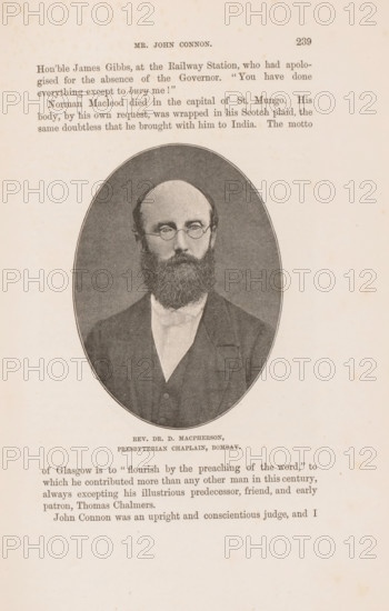 Portrait of Duncan Macpherson, page, photomechanical print, caption: 'REV. DR. D. MACPHERSON, PRESBYTERIAN CHAPLAIN, BOMBAY.', cliché maker: Lemercier & Cie., Paris, c. 1883 - in or before 1893, photographer, paper, autotypie, height 101 mm x width 74 mm, Person, Duncan MacPherson, functionaries and dignitaries, Protestant churches, A sepia-toned page from a book showing an oval portrait of a bearded man wearing round glasses and formal dark clothing with a high white collar, centered on the page; above and below the portrait are blocks of printed text, and the page shows aged paper with small spotting and a narrow dark border around the oval image.