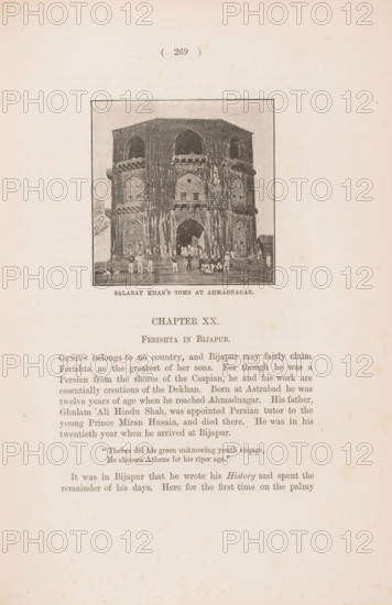 Salabat Khan's tomb at Ahmednagar, Maharashtra, India, page, photomechanical print, caption: 'SALABAT KHAN'S TOMB AT AHMADNAGAR.', Ahmednagar, cliché maker: Lemercier & Cie., Paris, c. 1883 - in or before 1893, photographer, paper, autotypie, height 70 mm x width 70 mm, grave, tomb, Tomb of Salabat Khan II, A faded page shows a rectangular framed photograph of an old multi-tiered stone building with arched openings and decorative arches, a group of small figures clustered near its entrance, and a tree partially visible at one side; the rest of the page is mostly blank with faint spots and light aging marks.