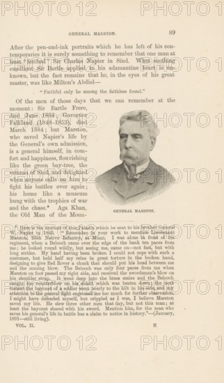 General Marston, page, photomechanical print, cliché maker: Lemercier & Cie., Paris, c. 1883 - in or before 1893, photographer, paper, autotypie, height 58 mm x width 48 mm, commander-in-chief, general, marshal, A slightly yellowed page from a printed book showing dense columns of serif text with a rectangular engraved portrait of a bearded man in a suit placed in the right column, the portrait framed by stippled shading and a caption immediately beneath it, a centered heading near the top of the page, and a footnote section of smaller type near the bottom, all on aged paper with faint spots and slight discoloration.