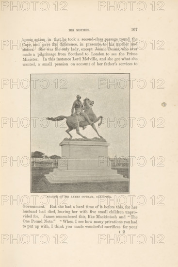 Statue of Sir James Outram, Calcutta, page, photomechanical print, Kolkata, cliché maker: Lemercier & Cie., Paris, c. 1883 - in or before 1893, photographer, Bengal, Northeast India, West Bengal, paper, autotypie, height 101 mm x width 84 mm, equestrian statue, A centered rectangular image shows a grayscale photograph of an equestrian statue on a multi-tiered stone pedestal, the statue depicting a mounted figure in uniform with one hand holding the reins and the horse in a rearing pose; the photograph is bordered by a thin dark frame and is surrounded by blanked page margins and blocks of printed text above and below.