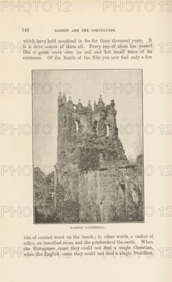 Bassein cathedral, page, photomechanical print, Pathein, cliché maker: Lemercier & Cie., Paris, c. 1883 - in or before 1893, photographer, paper, photochemical processes, height 115 mm x width 82 mm, ruin of church, monastery, A sepia-toned photograph framed on a page shows a tall, weathered stone ruin rising from a rocky base, with ornate battlements and arched window openings near the top and rough, crumbling masonry below, vegetation growing around and on parts of the structure, and faint foliage visible at the sides.