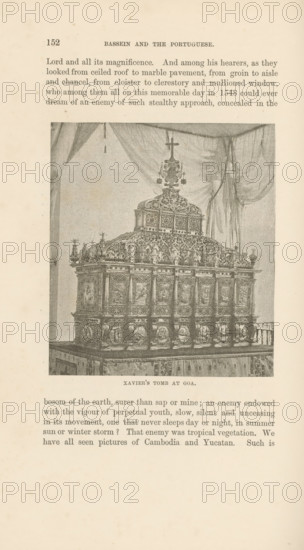 Xavier's tomb at Goa, page, photomechanical print, Basílica do Bom Jesus, cliché maker: Lemercier & Cie., Paris, c. 1883 - in or before 1893, Lemercier & Cie., photographer, cliché maker, Goa, paper, photolithography, height 107 mm x width 94 mm, interior of church, grave, tomb, A faded printed page shows a framed rectangular photograph of an ornate carved tomb draped by translucent curtains, the tomb featuring a decorative domed top with a cross and intricate relief panels and sculpted figures on its sides, sitting on a draped platform with patterned cloth and a low railing visible at one edge, surrounded by blanked margins and bits of printed text above and below the image.
