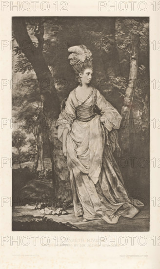 Elizabeth Rivett, reproduction, page, photomechanical print, cliché maker: Lemercier & Cie., Paris, after painting by Joshua Reynolds, c. 1883 - in or before 1893, photographer, paper, photoaquatint, height 177 mm x width 114 mm, Person, Elizabeth Carnac, adult woman, A monochrome print of a woman standing outdoors beside a large tree, wearing an elaborate gown with voluminous drapery and a fitted bodice, her hand holding up part of the skirt while the other rests at her side; she has an updo hairstyle topped with large decorative feathers and looks slightly to the side. The background shows leafy trees and foliage, a shaded forested scene with trunks and branches framing the figure, and a ground area with rocks and plants near her feet. The image is set within a rectangular border and surrounded by a pale margin.