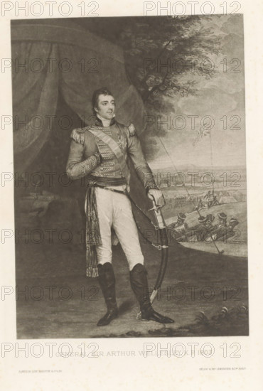 General Sir Arthur Wellesley, KP 1803, reproduction, page, photomechanical print, cliché maker: Lemercier & Cie., Paris, after painting by anonymous, c. 1883 - in or before 1893, photographer, paper, photoaquatint, height 164 mm x width 118 mm, Person, Arthur Wellesley of Wellington, commander-in-chief, general, marshal, A monochrome portrait of a man standing in a military uniform with decorative epaulettes and a sash, one hand tucked into his chest and the other resting on a curved sword hanging at his side; he wears fitted trousers and tall boots with spurs and a long tasseled sash draped from his waist, and his gaze is turned slightly away from the viewer. Behind him a large draped curtain fills the left side while the right side opens to an outdoor scene showing a tree with detailed foliage and a distant encampment with tents and groups of soldiers, a flag flying on a pole, and a low horizon under a cloudy sky. The image has a pale border surrounding the rendered scene.