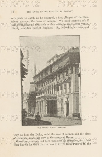 Old court house, Bombay, page, photomechanical print, Mumbai, cliché maker: Lemercier & Cie., Paris, c. 1883 - in or before 1893, photographer, Maharashtra, paper, autotypie, height 114 mm x width 74 mm, facade (of house or building), court building, A faded black and white illustration of a street scene framed by a rectangular border shows a multi-story classical building with columns and decorative arches along its facade, a porticoed entrance, and awnings above several windows; a tall spire rises behind the buildings on the left, and a narrow row of adjacent structures recedes into the distance; silhouetted human figures stand and walk in the foreground near the building entrance, and a few small carts or carriages are visible along the street; the image has a paper texture and is surrounded by a light margin.