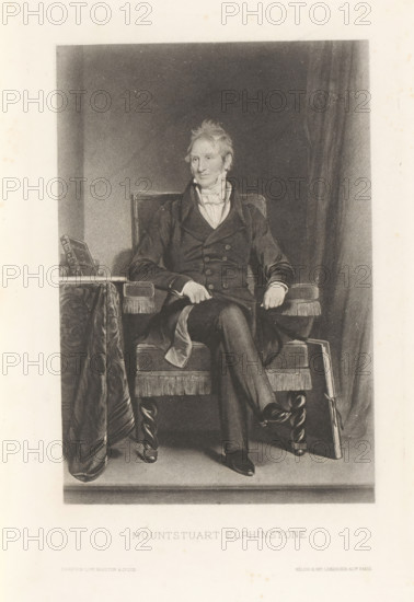 Mountstuart Elphinstone, reproduction, page, photomechanical print, cliché maker: Lemercier & Cie., Paris, after painting by anonymous, c. 1883 - in or before 1893, photographer, paper, photoaquatint, height 148 mm x width 99 mm, Person, politician, eg party leader, A seated man with light hair and sideburns wears a dark double-breasted coat, high-collared shirt, and cravat, his hands resting on the arms of an upholstered chair with fringed armrests and turned legs; one leg is crossed over the other and a folded cloth drapes over his knee. To his left a table covered with a patterned cloth holds a stack of books propped upright, and to his right a large book leans against the chair. The background shows a dark draped curtain on one side and a lighter wall on the other, with a pale border surrounding the central image.