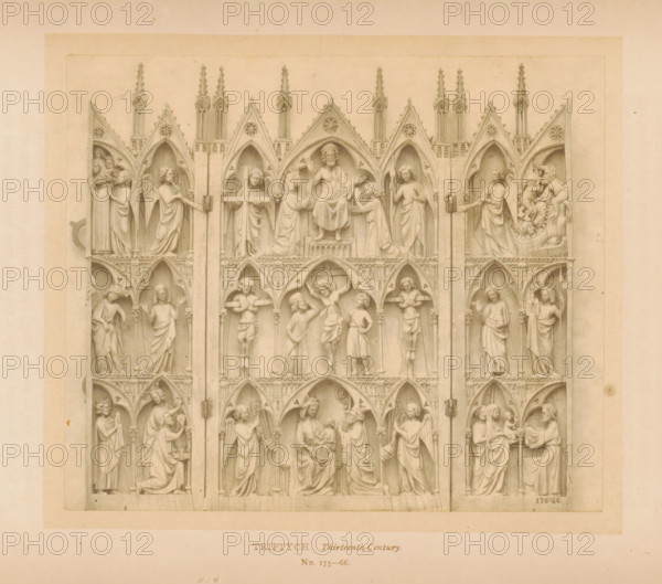Triptych, page, photomechanical print, number: 'No. 175-66.', inscription: 'Thirteenth Century.', London, c. 1867 - in or before 1872, paper, Woodburytype, height 114 mm x width 137 mm, New Testament, sculpture (relief, sculpture), A rectangular carved panel set within a larger rectangular mat shows a series of arched niches filled with carved figures in draped garments, arranged in vertical columns and horizontal tiers; each niche is topped with pointed gables and small decorative pinnacles, and the figures display a range of poses including standing, kneeling, and seated, some holding staffs or crosses while others gesture or embrace; the central upper niche contains a seated figure flanked by smaller figures and a figure kneeling before the seat; the middle row includes figures shown with instruments of restraint and others supporting a central transformative scene; the lower registers continue with paired and grouped figures in contemplative or interactive stances, and the carving ...