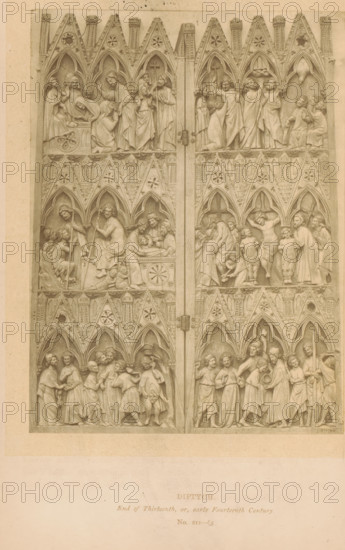 Diptych, page, photomechanical print, number: 'No. 211-65', inscription: 'End of Thirteenth, or, early Fourteenth Century', London, c. 1867 - in or before 1872, paper, Woodburytype, height 147 mm x width 108 mm, Passion of Christ, sculpture (relief, sculpture), A vertical rectangular photograph shows a pair of ornate carved wooden panels set within a rectangular frame, each panel divided into horizontal tiers of sculpted scenes beneath pointed Gothic arches and decorative tracery. The carvings depict many standing and seated human figures in robes arranged in narrative groupings, with some figures shown with hands raised, holding objects, or interacting with others; one scene includes a central figure on a cross positioned beneath an arch. The panels are hinged together at the center with visible metal hinges. The surface shows fine carved details such as drapery folds, architectural pinnacles, circular rosette motifs, and small sculpted faces within the arches. The overall tone of the...