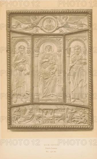 Book cover, page, photomechanical print, number: 'No. 138-66.', inscription: 'Ninth Century.', London, c. 1867 - in or before 1872, paper, Woodburytype, height 161 mm x width 112 mm, binding, sculpture (relief, sculpture), A rectangular carved panel with a decorative border containing three tall arched relief niches in the upper portion, each niche housing a robed figure with halos, the central figure seated holding a child, the flanking figures standing and dressed in draped garments; above the niches a horizontal frieze shows two winged figures extending arms toward a circular medallion with a bust; below the niches a lower frieze depicts a series of small scenes including a reclining figure, an enclosed manger with animals, and other figures in varied poses; the entire composition is rendered in a uniform pale tone on an aged rectangular background.