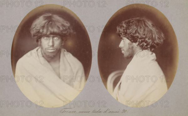 Torner, uomo toda d'anni 20, Two portraits of Torner of the Toda tribe, photograph, page, photographer: Paolo Mantegazza, India, c. 1881 - in or before 1886, Paolo Mantegazza, photographer, paper, albumen print, height 151 mm x width 241 mm, adult man (side view, profile), adult man (front view), Two oval sepia-toned photographic portraits mounted on a light gray background showing the same young man wrapped in a light-colored cloth; the left portrait is a frontal view with the man looking slightly upward, his hair is dark, thick, and tousled with a fringe across his forehead, he has facial hair on his chin and along his jaw, and his shoulders are covered by the cloth; the right portrait is a profile view facing left showing his curly hair at the back and side, a small earring in his ear, and the cloth draped over his shoulders with a dark blurred background inside each oval.