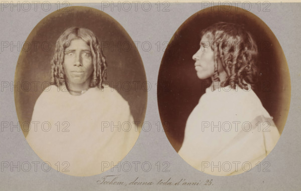 Two portraits of Techem of the Toda tribe, Techem, donna toda d'anni 25, photograph, page, photographer: Paolo Mantegazza, India, c. 1881 - in or before 1886, Paolo Mantegazza, photographer, paper, albumen print, height 151 mm x width 241 mm, adult woman (side view, profile), adult woman (front view), A photographic plate showing two oval portraits of the same person mounted on a grey backing, left portrait a front-facing view and right portrait a profile view, both featuring a person with medium-dark skin and shoulder-length hair arranged in tight ringlets, wearing a light-colored draped garment that covers the shoulders and chest, the face in the front view looking directly at the camera with a neutral expression and visible eyes and lips, the profile view showing the nose and chin in clear outline, both ovals surrounded by a slightly darker vignette and subtle surface marks on the images and backing.