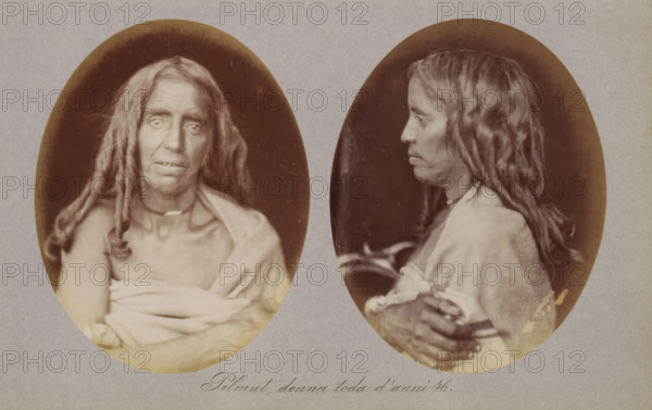 Two portraits of Pilmut of the Toda tribe, Pilmut, donna toda d'anni 46, photograph, page, photographer: Paolo Mantegazza, India, c. 1881 - in or before 1886, Paolo Mantegazza, photographer, paper, albumen print, height 151 mm x width 241 mm, adult woman (side view, profile), adult woman (front view), Two oval sepia-toned photographic portraits placed side by side on a gray background showing the same person from different angles. The left portrait is a frontal view of a person with long, wavy hair draped over the shoulders, a bare upper chest partially covered by light-colored cloth wrapped across the torso, a small necklace or collar at the neck, and a neutral facial expression with slightly parted lips. The right portrait is a profile view facing left of the same person with long hair falling down the back, a similar light-colored wrap over the shoulders, one arm crossed over the body with visible hands, and a calm facial profile. The ovals have darker vignetted edges and there is f...