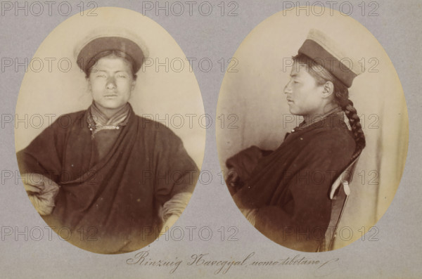 Rinzoet Havegyal, uomo tibetano, Two portraits of Rinzoet Havegyal, photograph, page, photographer: Paolo Mantegazza, Tibet, c. 1881 - in or before 1886, paper, albumen print, height 151 mm x width 241 mm, head-gear, adult man (sideview, profile), A sepia-toned image shows two oval portraits side by side on a gray background. The left portrait is a frontal view of a young person wearing a wide-brimmed hat, a dark draped garment, and a layered collar; the person has a neutral expression and hands partially visible at the lower edges of the oval. The right portrait is a profile view of the same person seated on a chair, wearing the same hat and dark garment, with long braided hair hanging down the back and the chair’s back partially visible.