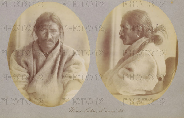 Two portraits of an unknown man, Uomo butia, d'anni 45, photograph, page, photographer: Paolo Mantegazza, Bhutan, c. 1881 - in or before 1886, Paolo Mantegazza, photographer, paper, albumen print, height 151 mm x width 241 mm, adult man (side view, profile), adult man (front view), Two oval sepia photographs mounted side by side on a gray background show the same middle-aged man from different angles; the left oval is a frontal view and the right oval is a profile view. He has long dark hair pulled back into a low tied style with a loose strand visible, a prominent mustache, and a weathered face with deep lines. He wears a thick, light-colored blanket or coat draped over his shoulders and a beaded necklace at the collar. In the profile image he has a small hoop earring in his visible ear and his hair is gathered into a knot at the back with loose wisps extending outward. The portraits have a soft, slightly faded tonal quality and the oval frames show a subtle uneven vignette around eac...