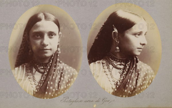 Portoghese nera di Goa, Two portraits of an unknown woman from Goa, photograph, page, photographer: Paolo Mantegazza, Goa, c. 1881 - in or before 1886, paper, albumen print, height 151 mm x width 241 mm, adult woman (side view, profile), Two oval sepia photographs of the same young woman mounted on a gray background, one showing her face forward and the other in profile; she has dark hair parted in the middle and covered with a patterned scarf, wears ornate dangling earrings and layered necklaces with coin-like pendants, and a patterned garment with a dotted design; her expression is neutral and her gaze differs between the frontal and profile images.