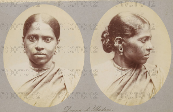 Donna di Madras, Two portraits of an unknown woman from Madras, photograph, page, photographer: Paolo Mantegazza, Chennai, c. 1881 - in or before 1886, South India, Tamil Nadu, paper, albumen print, height 151 mm x width 241 mm, adult woman (sideview, profile), Two oval sepia-toned portrait photographs mounted on gray paper showing the same woman from two angles; the left image is a frontal view and the right image is a profile view facing right. The woman has smooth, dark hair parted in the middle and pulled back into a low bun, with visible earrings and decorative ear ornaments. She wears a draped garment over one shoulder and a simple necklace at her neck. Her expression is neutral in both views, and the portraits show skin texture and facial features with clear lighting against a light background.