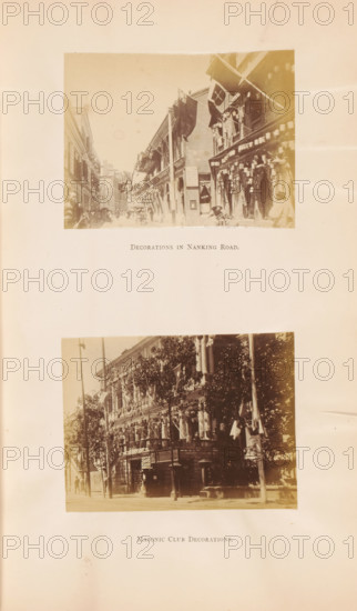 Decoration in Nanking Road. Masonic Cub decorations, Street and facade with decorations in Shanghai for the Diamond Jubilee of Victoria of the United Kingdom, photograph, page, photographer: WR Kahler (possibly), Shanghai, 1897, paper, albumen print, height 264 mm x width 175 mm, Photographs opposite page 48., commemoration, jubilee, facade (of house or building), festivities (wreath, garland, festive activities), A vertical sheet showing two sepia photographs mounted one above the other on a pale background, each depicting street scenes with decorated buildings and hanging flags and bunting; the upper photograph shows a narrow street flanked by multi-story buildings with awnings and dangling flags, a few pedestrians and figures visible along the street and some ornate façade details on the right, while the lower photograph shows a wider view of a tree-lined street with a substantial decorated building fronted by columns and balconies, flags and draped fabric on the façade, a lamppost ...